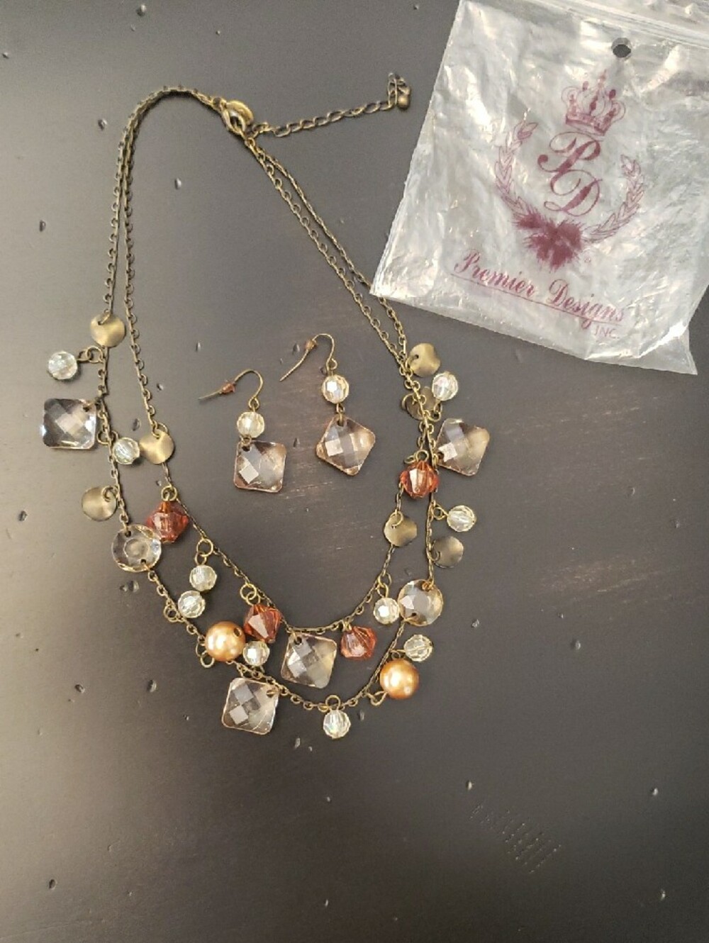 Premier Designs Champagne, Gold, Brown Multi-Strand Crystal Necklace & Earrings